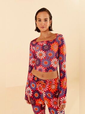Adidas FARM Rio collab Vibrant Red Floral Long-Sleeve Athletic Crop Top S